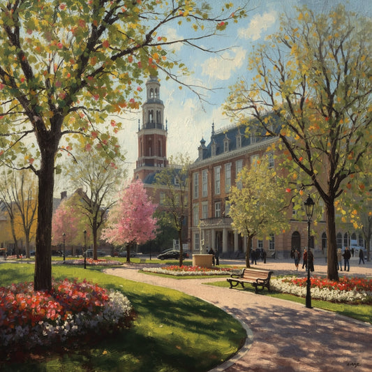 Apeldoorn stadspark schilderij met breed wandelpad, imposante lentebomen met roze bloesem, kleurrijke tulpenborders in rood en geel, parkbankjes en majestueus historisch stadhuis met kerktoren op de achtergrond – impressionistisch wall art print
