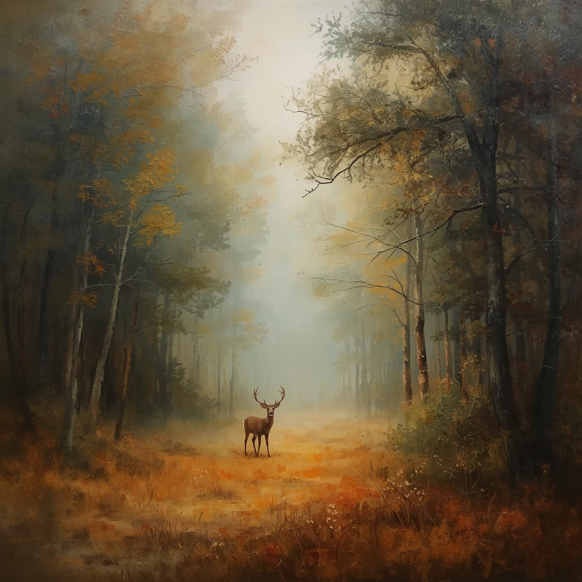 Veluwe bos schilderij met eenzaam hert staand in mistig herfstbos met hoge slanke bomen, warme bruine en gouden bosgrond en dramatisch gouden mistlicht dat door de bomen filtert – cinematisch olieverf wall art print
