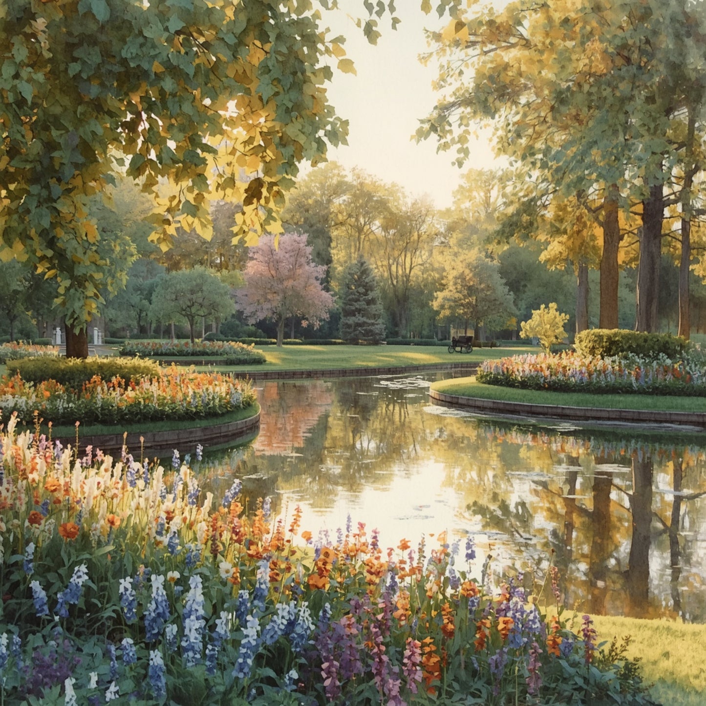 Veluwe park schilderij met serene parkvijver omringd door weelderige lentebomen in gouden en groene tinten, kleurrijke bloeiende borders in paars roze en geel op voorgrond en zachte gouden zonlichtreflecties in het stille water – impressionistisch wall art print

