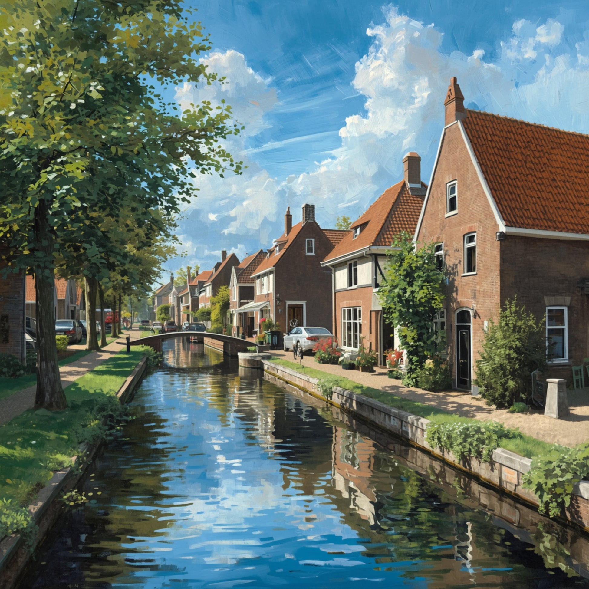 Apeldoorn gracht schilderij met rustige waterweg geflankeerd door karakteristieke rode bakstenen grachtwoningen met klimop, weelderige groene bomen, historische stenen brug op de achtergrond en heldere blauwe weerspiegelingen in het stille water – realistisch wall art print
