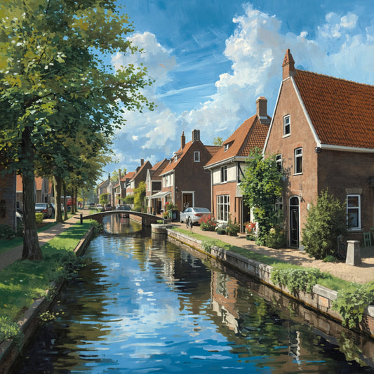 Apeldoorn gracht schilderij met rustige waterweg geflankeerd door karakteristieke rode bakstenen grachtwoningen met klimop, weelderige groene bomen, historische stenen brug op de achtergrond en heldere blauwe weerspiegelingen in het stille water – realistisch wall art print
