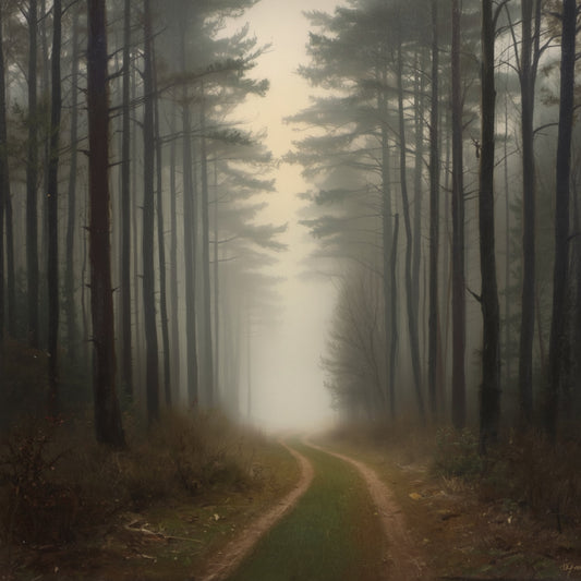 Veluwe dennenbos schilderij met eindeloos mistig bos van hoge rechte stammen, smal zandpad dat verdwijnt in de verte en dramatisch bleek mistlicht dat door de boomtoppen filtert – cinematisch olieverf wall art print
