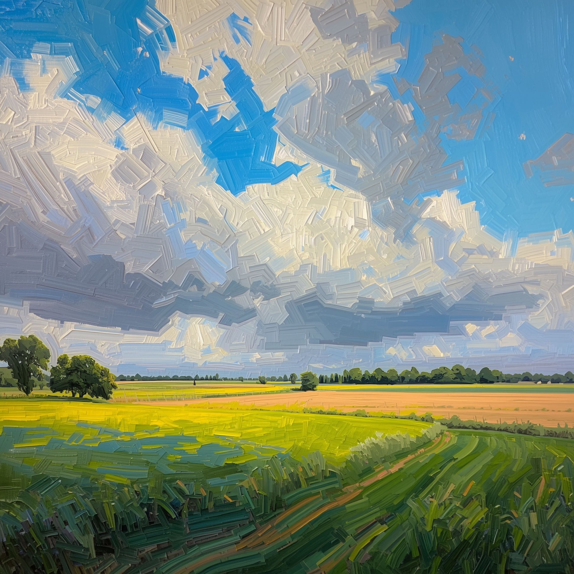 Klassiek polderlandschap schilderij met weids open landschap, dramatische wolkenlucht met imposante witte en grijze wolkenmassa's, gele bloeiende akkers en bomenrij aan de horizon – impressionistisch olieverf wall art print
