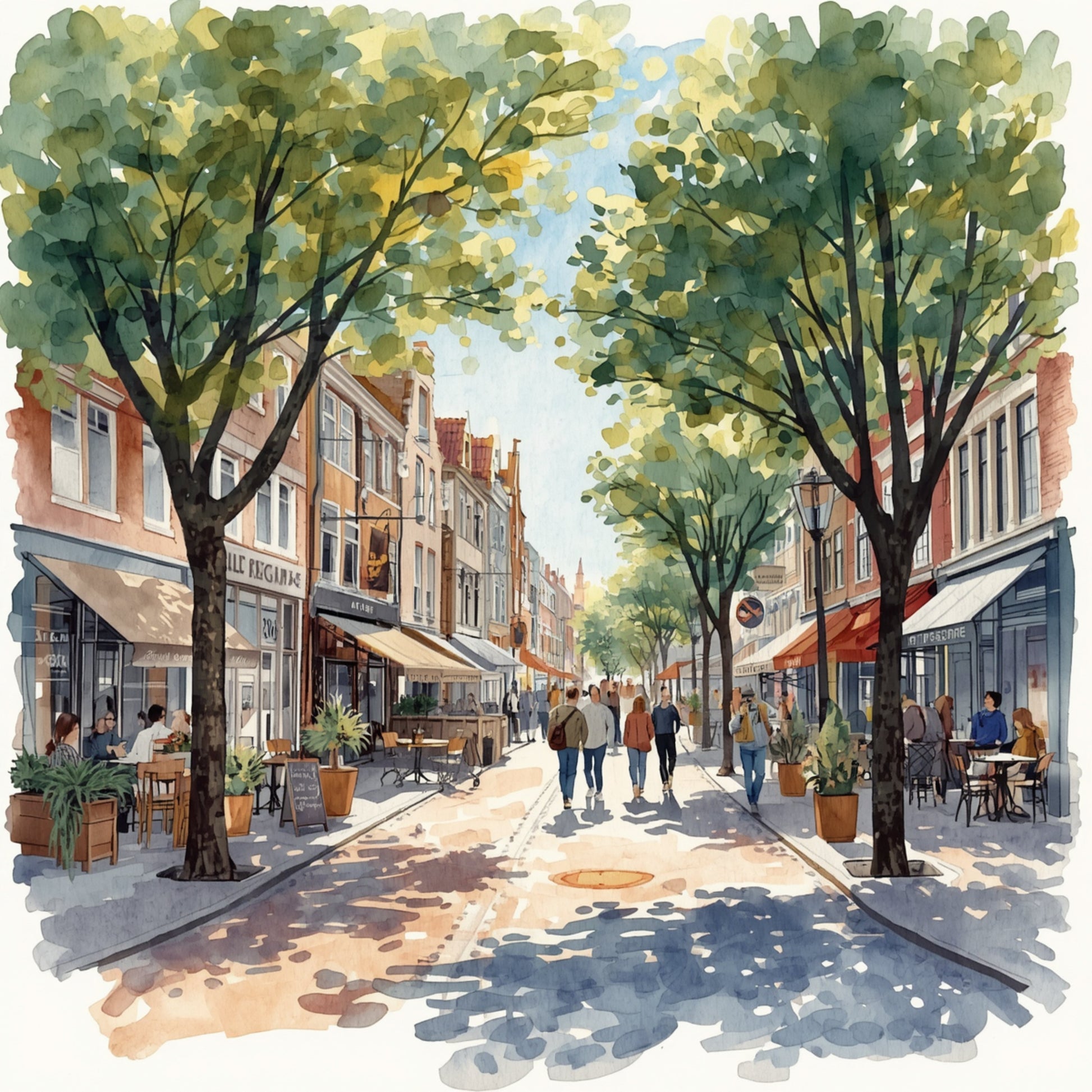 Apeldoorn winkelstraat schilderij met zonnige straat vol wandelaars en terrasjes, weelderige groene platanen als bladerdak, karakteristieke rode bakstenen winkelpanden met luifels en stralend zomers licht – aquarel wall art print

