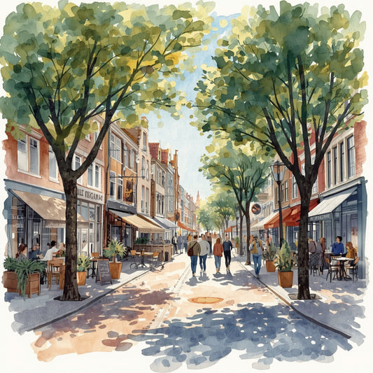 Apeldoorn winkelstraat schilderij met zonnige straat vol wandelaars en terrasjes, weelderige groene platanen als bladerdak, karakteristieke rode bakstenen winkelpanden met luifels en stralend zomers licht – aquarel wall art print
