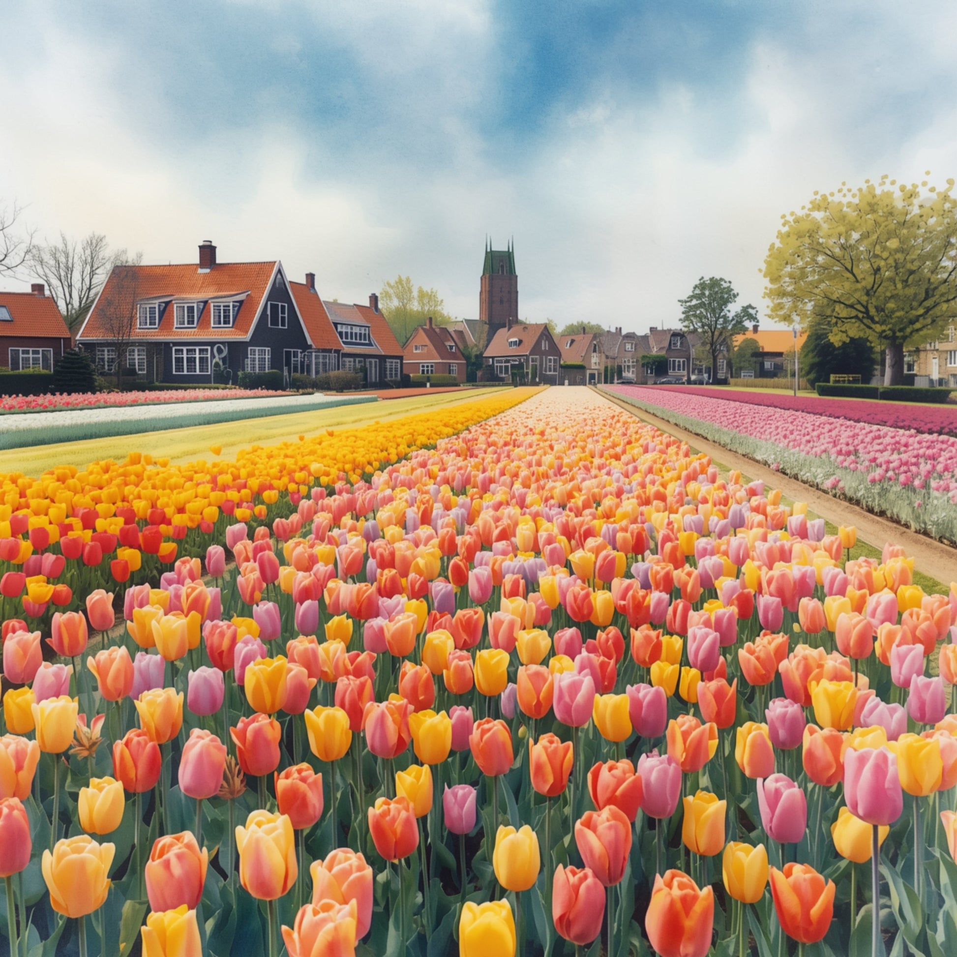 Hollands tulpenveld schilderij met weids kleurrijk tulpenveld in geel oranje roze en rood op voorgrond, karakteristieke Hollandse boerderijen en imposante kerktoren op achtergrond onder dramatische blauwe wolkenlucht – aquarel wall art print
