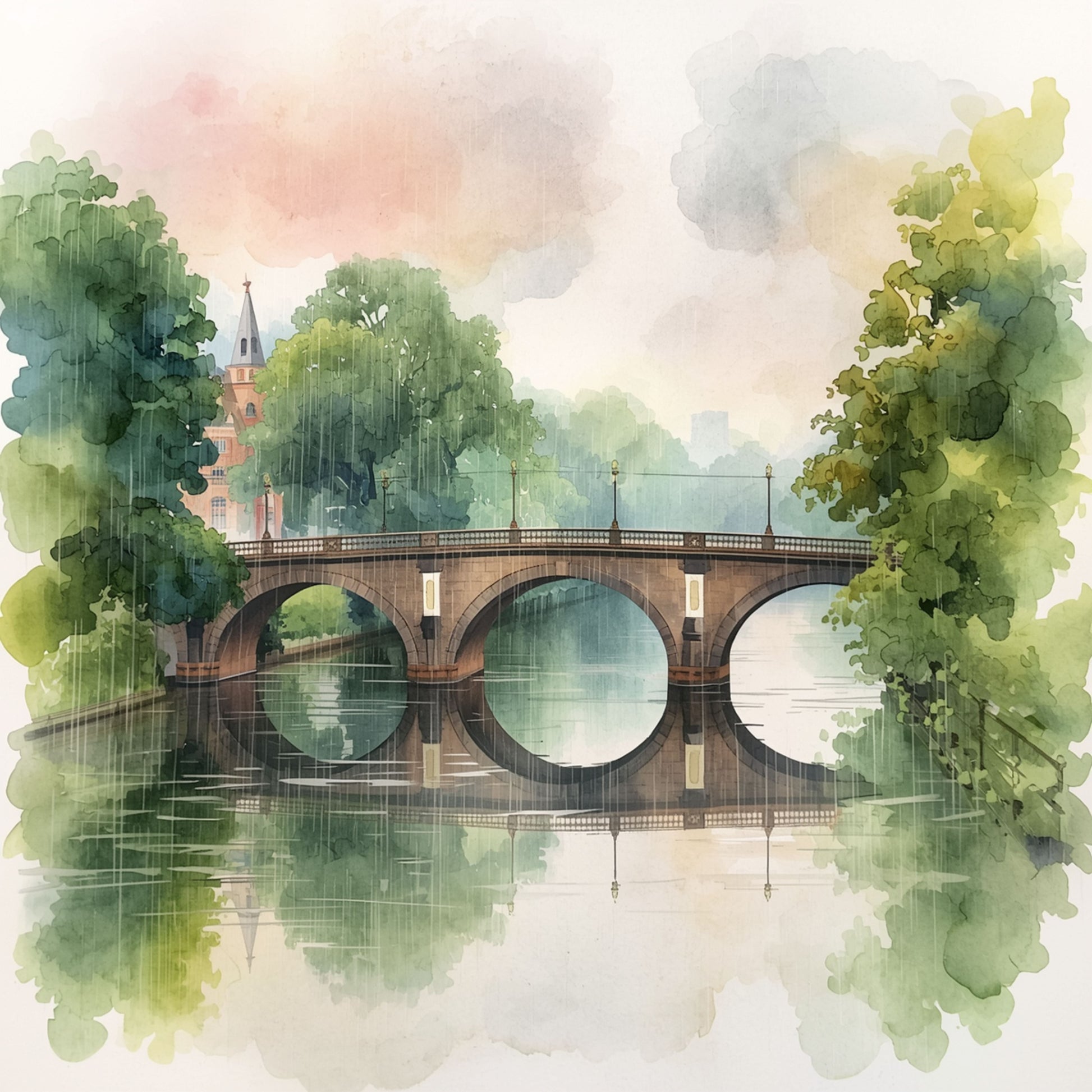 Arnhem brug schilderij met historische stenen boogbrug weerspiegeld in stil water, weelderige groene bomen in zachte pastelgroene en roze tinten en mistige ochtendlucht – aquarel wall art print
