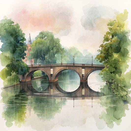 Arnhem brug schilderij met historische stenen boogbrug weerspiegeld in stil water, weelderige groene bomen in zachte pastelgroene en roze tinten en mistige ochtendlucht – aquarel wall art print
