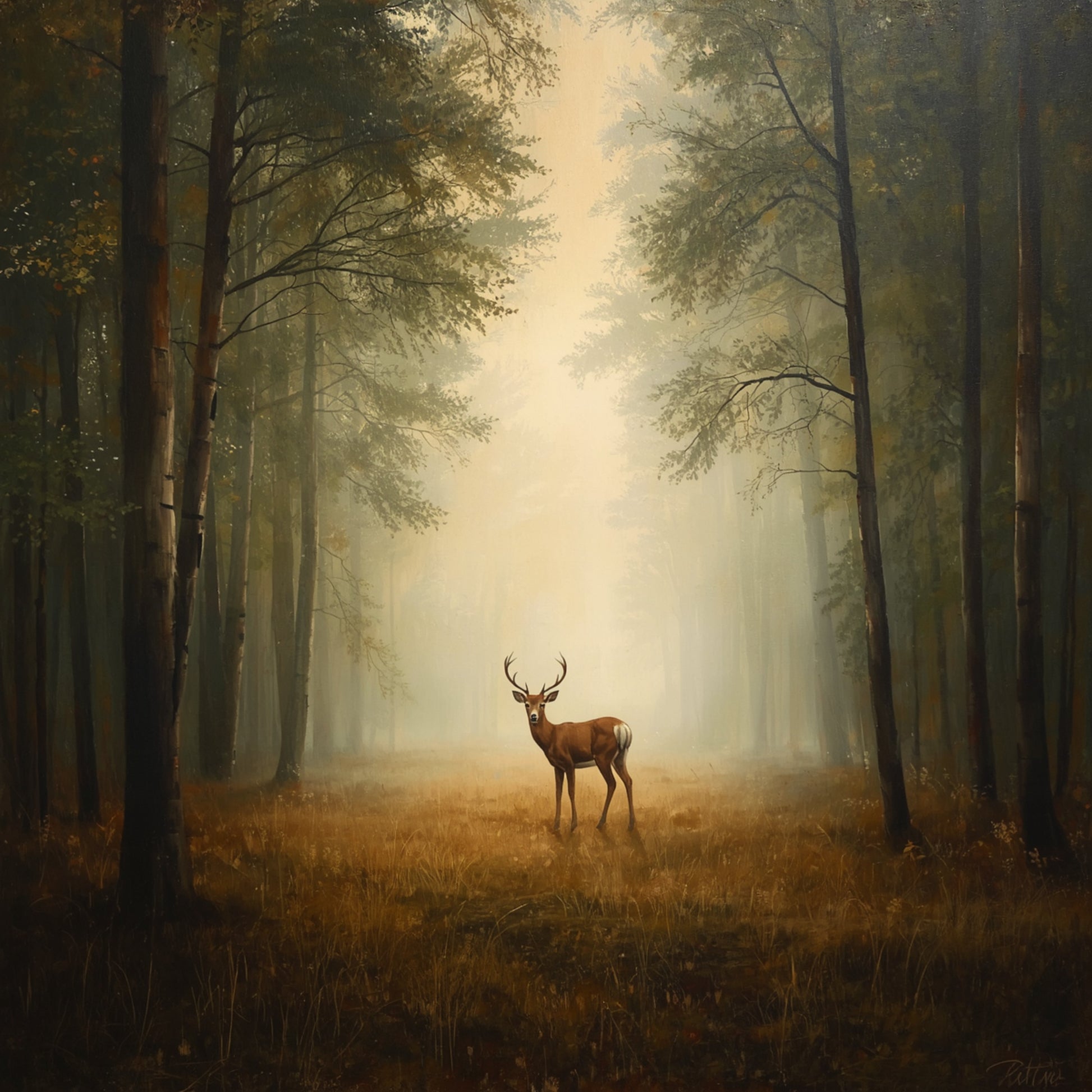 Veluwe bos schilderij met eenzaam edelhert staand in mistig herfstbos met hoge slanke bomen, warme gouden bosgrond en dramatisch warm gouden mistlicht dat door de bomen straalt – cinematisch olieverf wall art print
