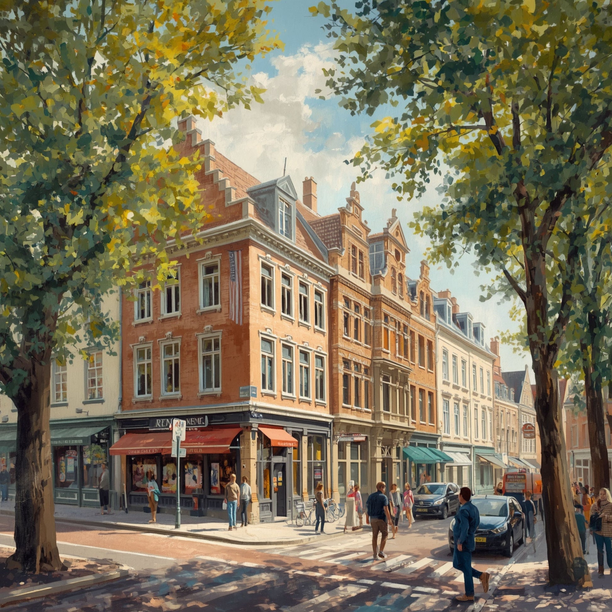 Arnhem laan schilderij met brede straat langs imposante rode bakstenen historische panden, weelderige groene bomen en wandelaars onder warme zomerse lucht – realistisch wall art print

