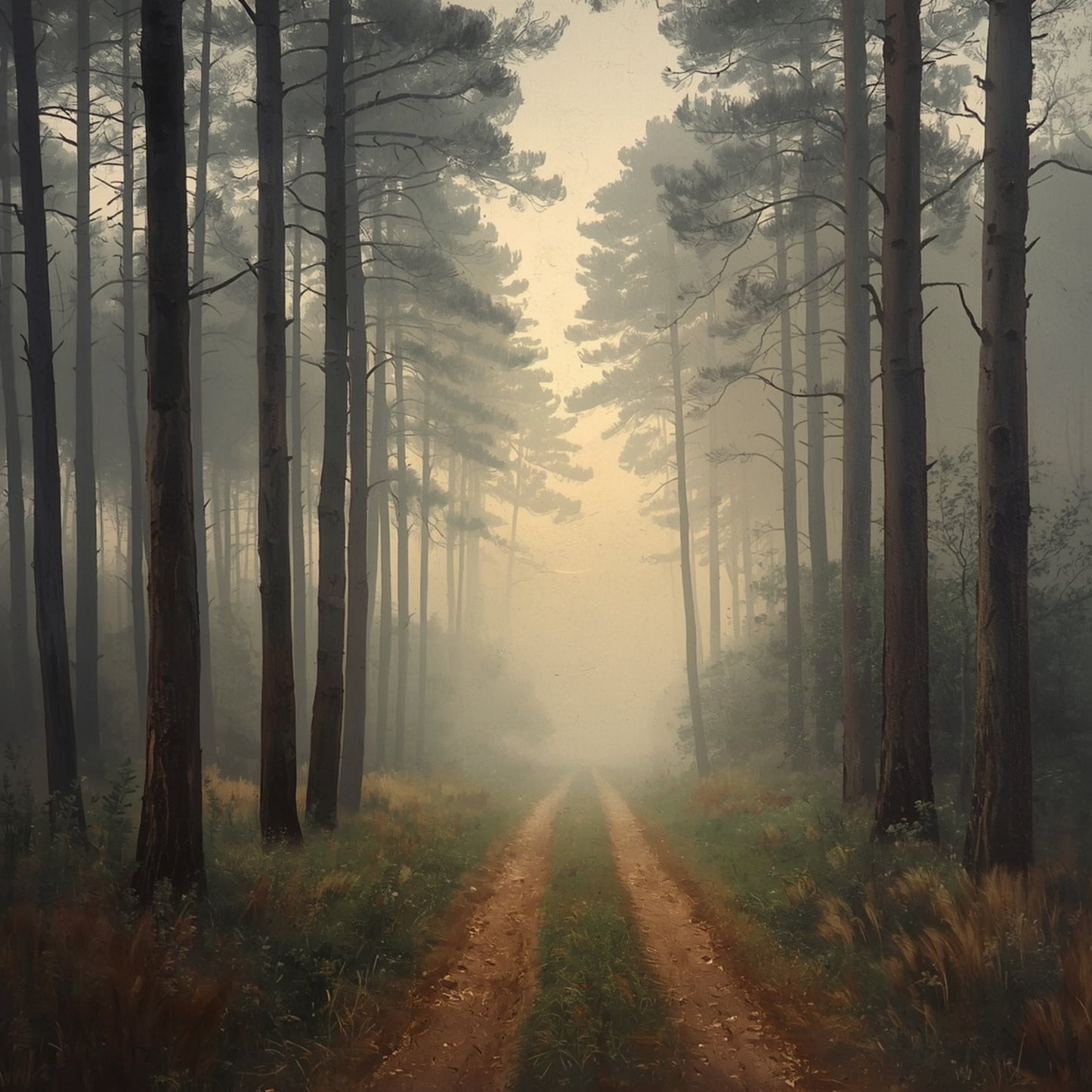 Veluwe dennenbos schilderij met breed zandpad dat verdwijnt in eindeloos mistig dennenbos met hoge rechte stammen en warm gouden mistlicht dat door de boomtoppen filtert – cinematisch olieverf wall art print
